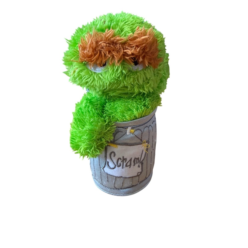 Sesame Street Oscar The Grouch Plush In Trash Can Scram‎ 8" Soft Toy Green